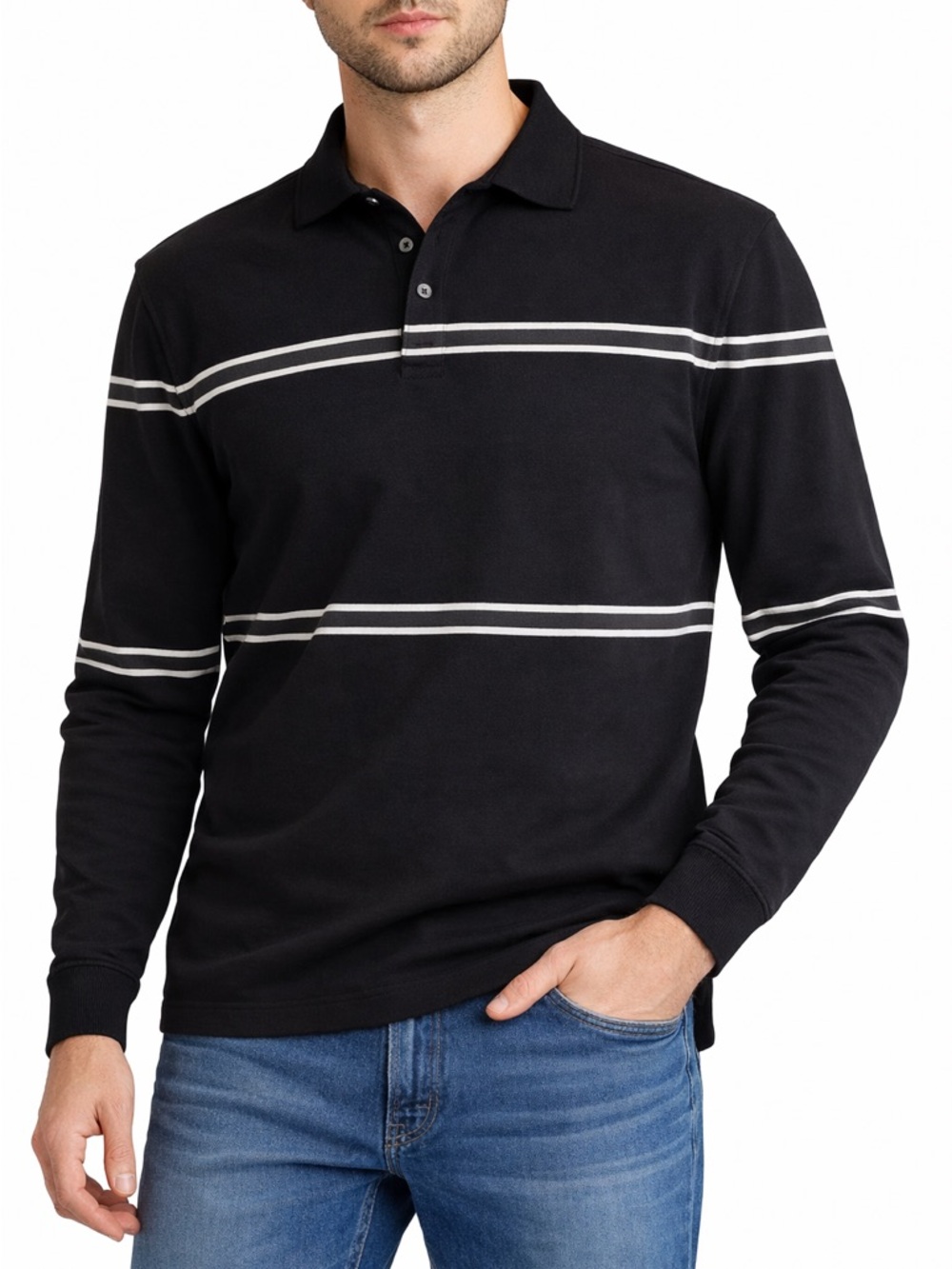 Vintage Nautica Mens Rugby Shirt Medium Black White Striped Long Sleeve Y2K